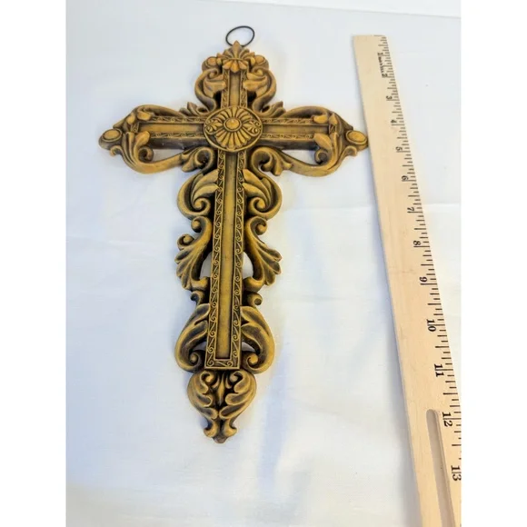 Ornate Gold Decorative Floral Fleur-de- lis Hanging Hook Baroque Wall Cross - Picture 12 of 13